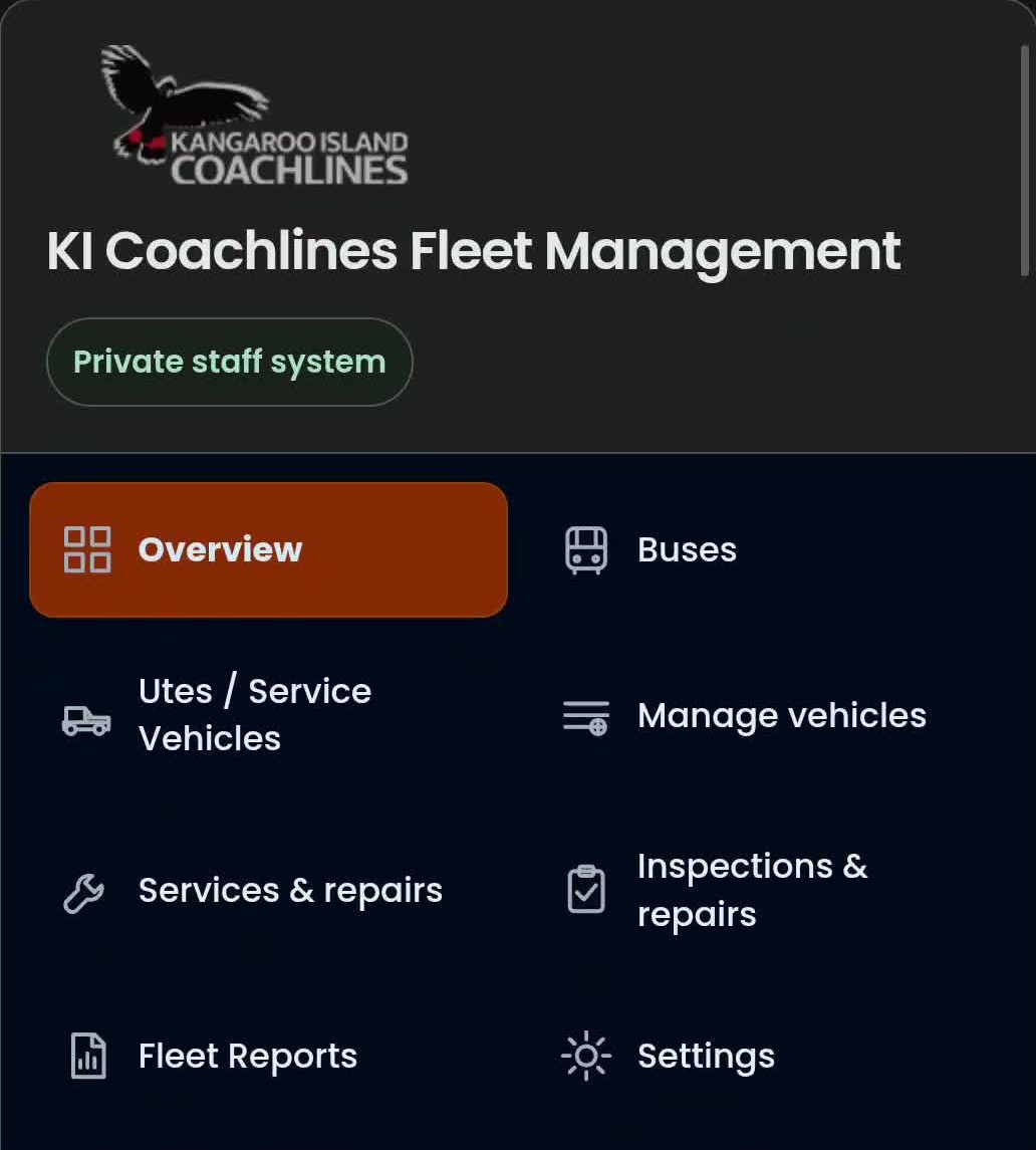 KI Coachlines Fleet Management System on mobile, showing vehicle, maintenance, inspection and reporting navigation